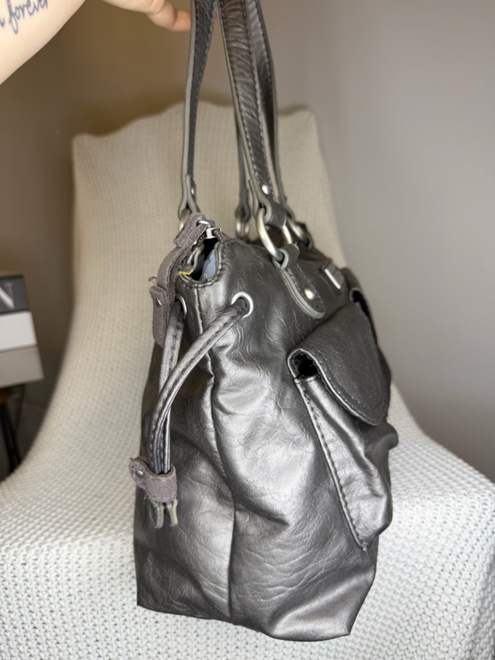 Vintage Tommy Hilfiger Gray Shoulder Bag Faux Leather Double Handle Purse - Picture 3 of 12